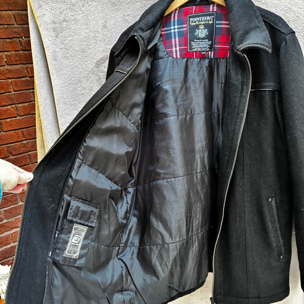 Point Zero Men’s Black Wool Blend Coat Bomber Timeless Classic Winter Warm Layer - Picture 16 of 16